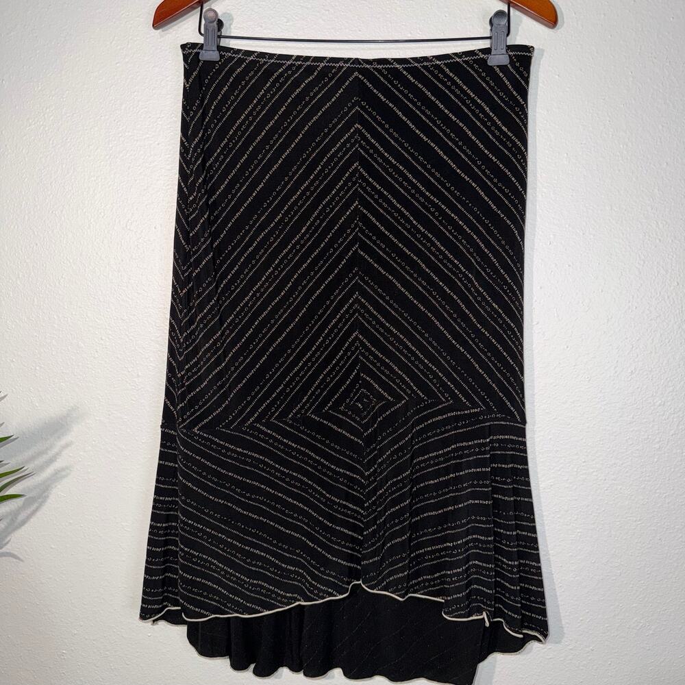 Y2k Boho Black Chevron Print High-Low Midi Skirt Stretchy Waist